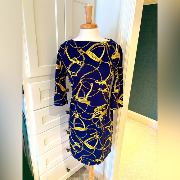 J.McLaughlin - S - Navy and Gold Chain Print Dress - Picture 1 of 3